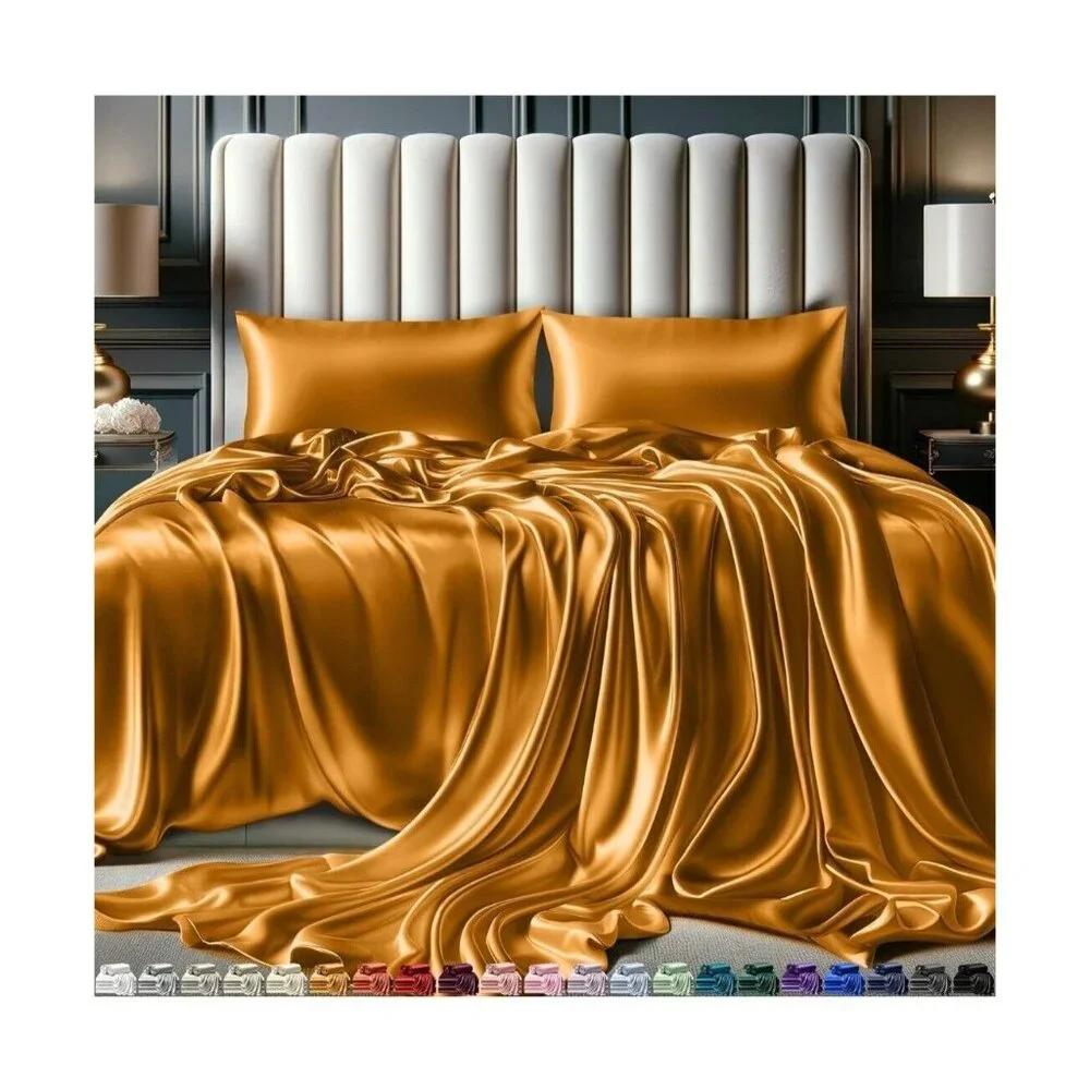 Decolure Satin Bed Sheet‎ Set Gold Full Size 15